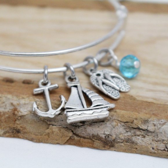Anchor, Sailboat & Flip Flops - Charm Bracelet - Adjustable - Handcrafted - Picture 1 of 4